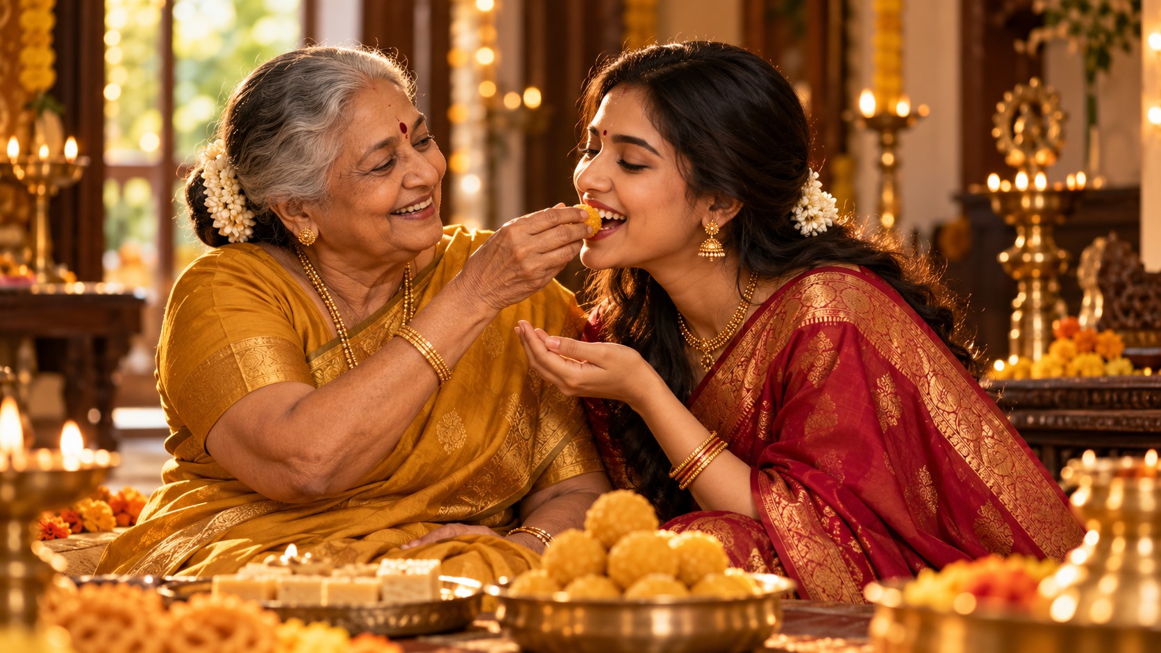 A grandmother and granddaughter sharing a traditional sweet